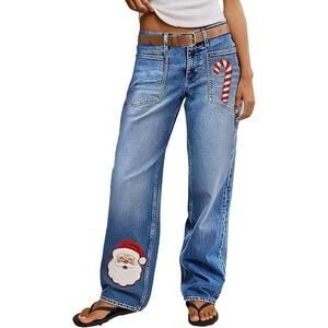 Flamingals Women's Jeans Santa Candy Cane Holiday Embroidered Wide Leg Size 2XL